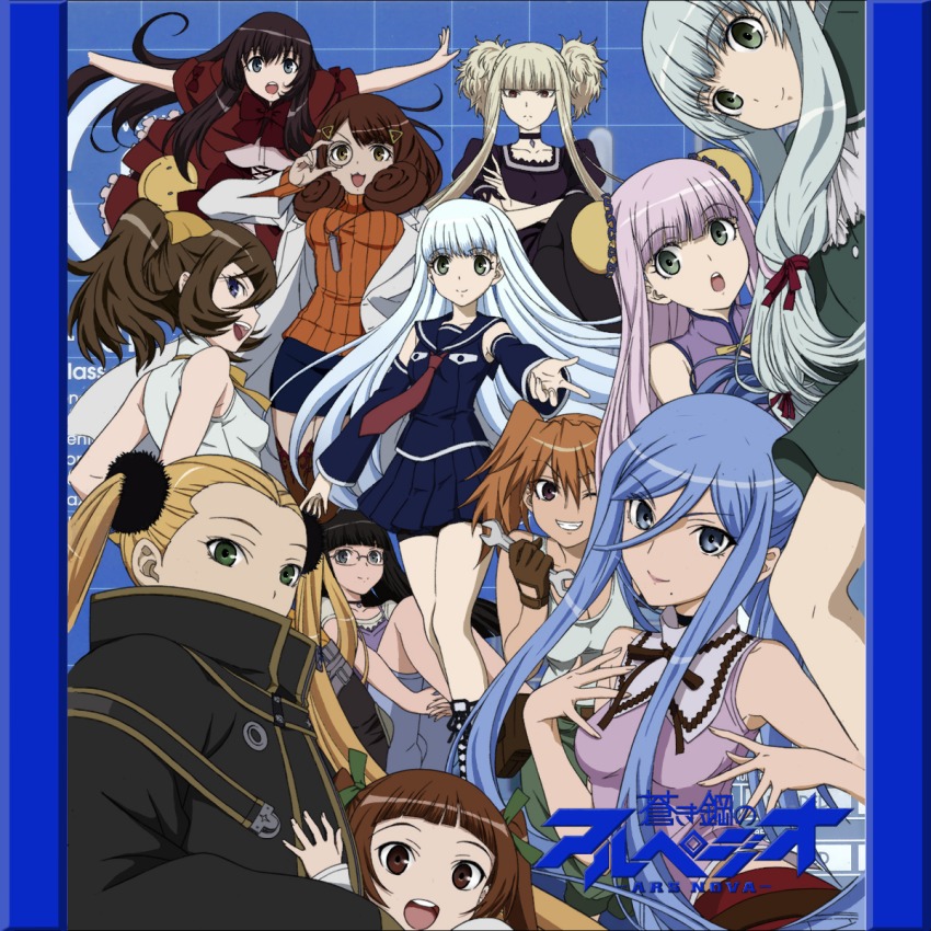 10s 6+girls ;d aoki_hagane_no_arpeggio bare_legs bare_shoulders black_hair blonde_hair blue_eyes blue_hair blue_skirt blunt_bangs bouncing_breasts breasts brown_eyes brown_gloves brown_hair choker closed_mouth collarbone covering_own_mouth crossed_arms crossed_legs detached_sleeves eyebrows feichu_keju glasses gloves green_eyes green_ribbon grin hair_between_eyes hair_ornament hair_ribbon hair_scrunchie hairclip haruna_(aoki_hagane_no_arpeggio) hazumi_shizuka highres holding hyuuga_(aoki_hagane_no_arpeggio) i-400_(aoki_hagane_no_arpeggio) i-402_(aoki_hagane_no_arpeggio) iona_(aoki_hagane_no_arpeggio) jacket kirishima_(aoki_hagane_no_arpeggio) kongou_(aoki_hagane_no_arpeggio) large_breasts light_purple_hair long_hair long_sleeves looking_at_viewer maya_(aoki_hagane_no_arpeggio) monocle multiple_girls necktie one_eye_closed open_mouth osakabe_makie outstretched_arms pleated_skirt ponytail profile red_necktie ribbed_sweater ribbon rimless_eyewear round_eyewear sailor_collar scrunchie shirt short_sleeves sidelocks skirt sleeveless smile standing sweater takao_(aoki_hagane_no_arpeggio) tank_top tareme teeth tsurime twintails vest watanuki_iori white_jacket wrench