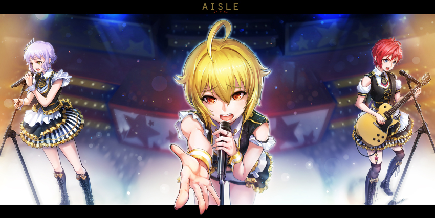 3girls ahoge blonde_hair blue_eyes boots bow electric_guitar frilled_skirt frills garter_straps guitar hair_bow hair_ornament highres ibuki_tsubasa idolmaster idolmaster_million_live! instrument jewelry julia_(idolmaster) lace-up_boots letterboxed looking_at_viewer makabe_mizuki microphone microphone_stand multiple_girls music necktie open_mouth orange_eyes outstretched_arm parfait_noir_(idolmaster) playing_instrument purple_hair red_hair ring short_hair short_shorts short_sleeves shorts singing skirt sleeveless sleeveless_jacket stage stage_lights star_(symbol) thighhighs todee wrist_cuffs yellow_eyes