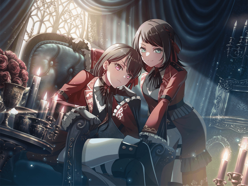 2girls ascot bang_dream! bang_dream!_it&#039;s_mygo!!!!! black_ascot black_boots black_gloves black_vest blue_eyes boots candle center_frills closed_mouth curtains earrings flower frills game_cg gloves hair_ribbon head_rest indoors jacket jewelry long_hair looking_at_viewer multiple_girls official_art pants picture_frame purple_eyes red_flower red_jacket red_ribbon red_rose ribbon rose shiina_taki shirt sitting standing thigh_boots third-party_source vest white_pants white_shirt wings yahata_umiri