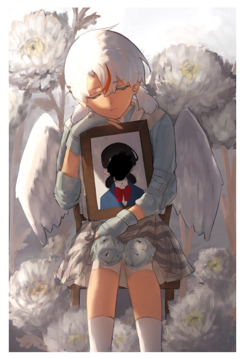1girl aitsa_sato1 angel_wings black_hair black_jacket blue_gloves blue_shirt bulletproof_vest censored censored_identity chair closed_eyes collared_shirt cupid elbow_pads feathered_wings fingerless_gloves flower gloves hair_ornament hairclip highres holding_portrait jacket koharu_(love-bullet) love-bullet medium_hair multicolored_hair photo_(object) portrait_(object) red_hair red_streaks shirt short_twintails sitting skirt socks streaked_hair twintails white_flower white_hair white_shirt white_socks wings