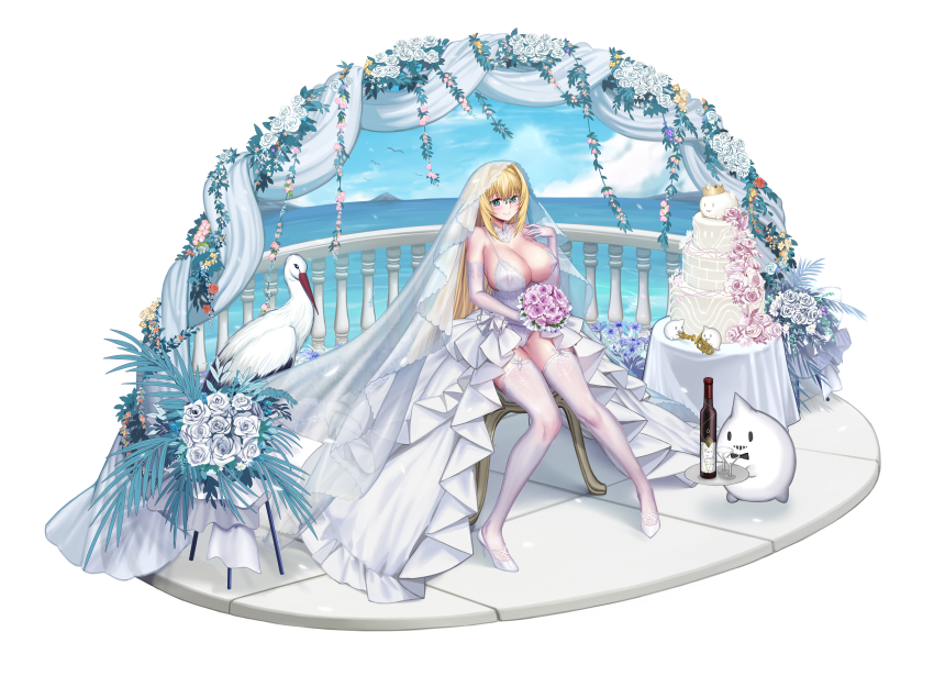 1girl absurdres blonde_hair breasts bridal_veil bride detached_collar dress elbow_gloves emden_(warship_girls_r) glasses gloves high_heels highres huge_breasts long_hair onceskylark sitting smile thighhighs veil very_long_hair warship_girls_r wedding_dress white_dress white_gloves white_high_heels white_thighhighs