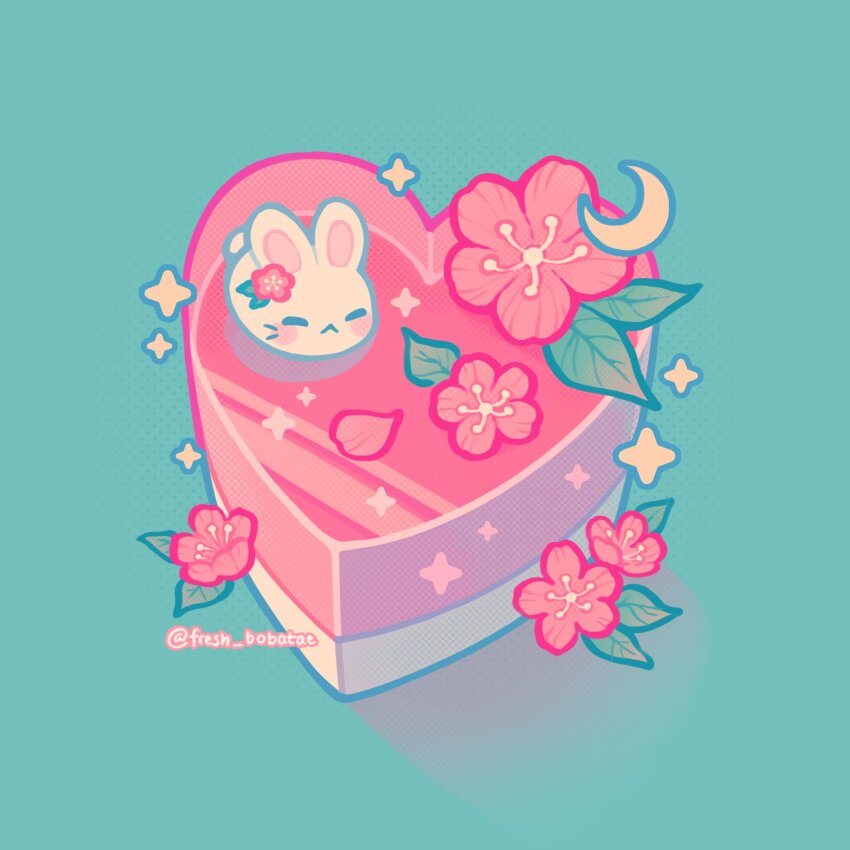 :&lt; animal blue_outline closed_eyes commentary crescent_moon emily_kim english_commentary flower food food_focus gelatin green_background halftone heart heart-shaped_food hibiscus hibiscus_petals highres leaf minimized moon no_humans original outline pastel_colors pink_flower pink_petals rabbit signature sparkle twitter_username undersized_animal white_rabbit_(animal)