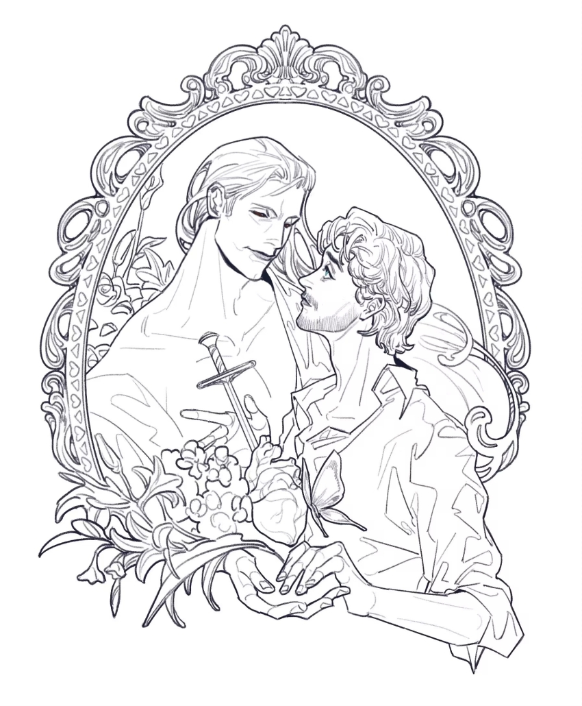 2boys animification bare_pectorals beard_stubble black_sclera blue_eyes collarbone collared_shirt colored_sclera cropped_torso eye_contact facial_hair fingernails flower grey_pupils hand_on_hand hannibal_(tv_series) hannibal_lecter heart_(organ) highres jyuugen_jypugen lineart lips long_hair long_sleeves looking_at_another messy_hair multiple_boys mustache_stubble pectorals picture_frame shirt short_hair simple_background three-quarter_sleeves spot_color stubble sword weapon white_background will_graham wrinkled_skin