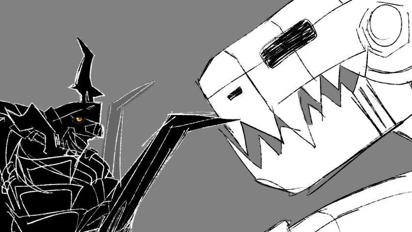 digimon digimon_(creature) digimon_story:_cyber_sleuth gaioumon horns looking_at_another mugendramon sharp_teeth teeth yellow_eyes