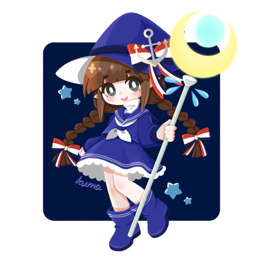 1girl anchor_hat_ornament artist_name blue_boots blue_bow blue_hat blue_sailor_collar blue_serafuku blue_skirt blunt_bangs boots bow braid bright_pupils brown_hair chinese_commentary frilled_skirt frills funamusea grey_eyes hat hat_bow hat_ornament highres holding holding_staff kumakuma_(kumakum48893775) long_hair multicolored_bow neckerchief oounabara_to_wadanohara open_mouth pointy_ears red_bow sailor_collar school_uniform serafuku sidelocks skirt solo staff star_(symbol) teeth transparent_background twin_braids upper_teeth_only wadanohara white_bow white_neckerchief white_pupils witch_hat