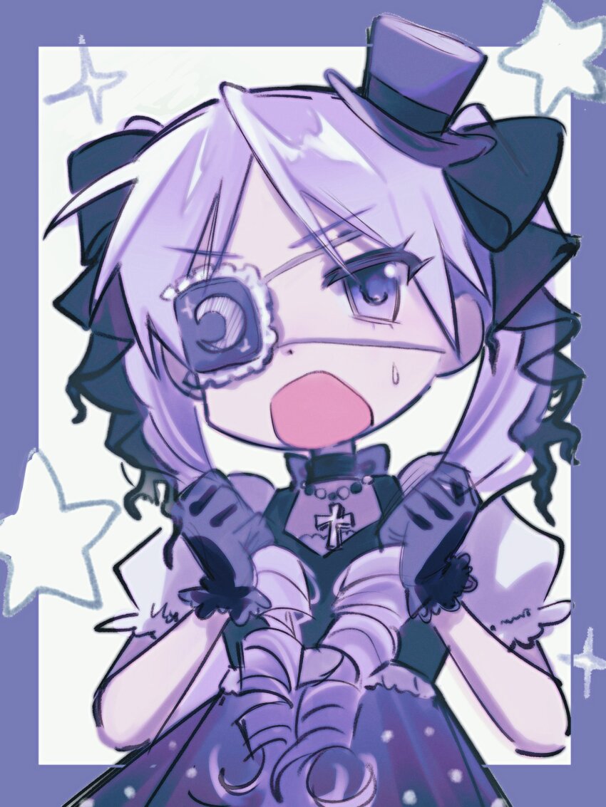 black_bow black_gloves black_ribbon bow bowtie colored_eyepatch crescent cross cross_necklace drill_hair embarrassed eyepatch four-pointed_star ftwqo0cacc704 gloves hat highres hiiragi_kagami jewelry lucky_star mini_hat mini_top_hat necklace polka_dot polka_dot_skirt purple_background purple_bow purple_bowtie purple_eyes purple_hat purple_skirt ribbon skirt star_(symbol) top_hat twin_drills twintails two-tone_background white_background