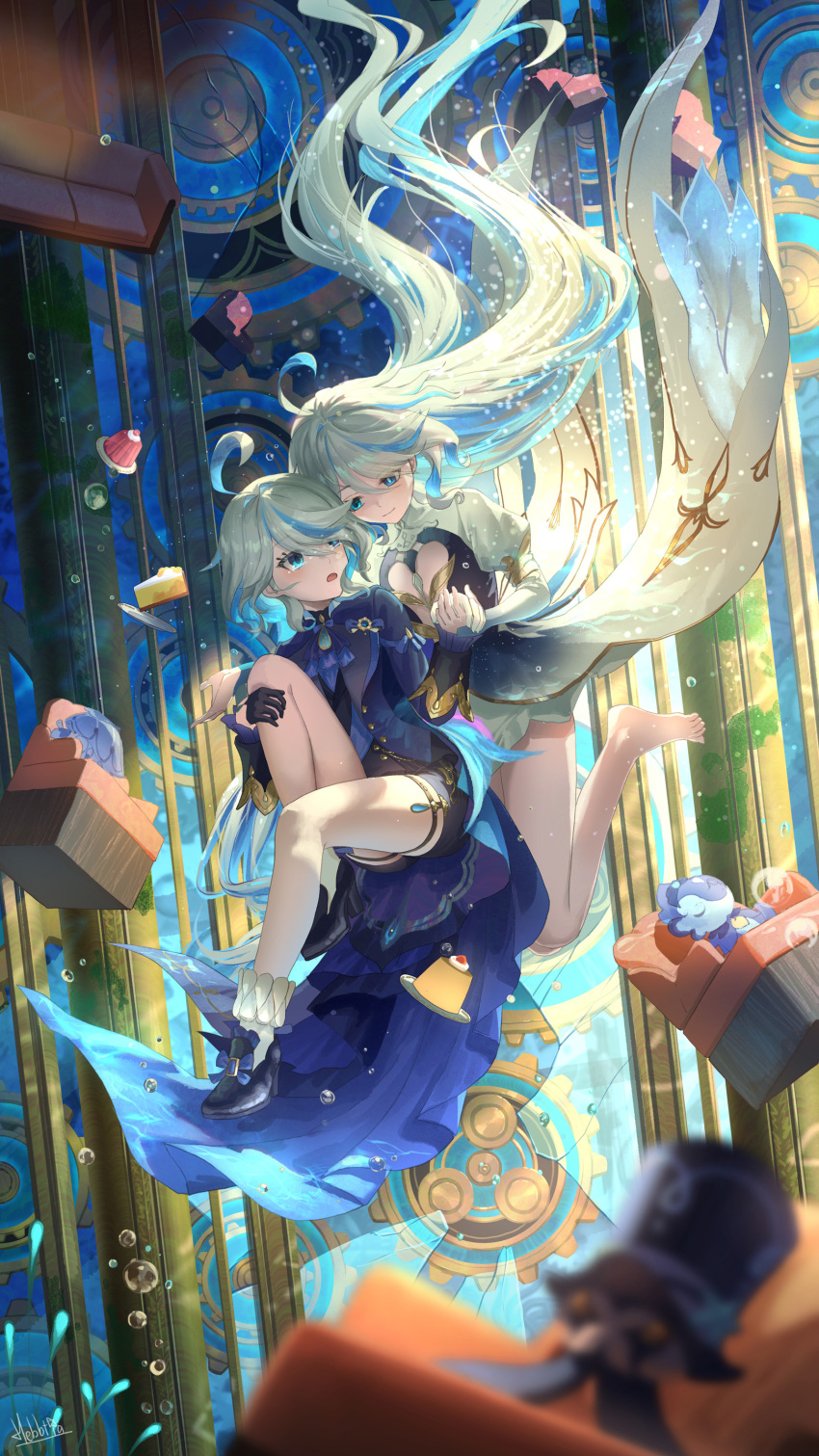1girl 2girls absurdres ahoge ascot black_gloves blue_eyes blue_hair blue_jacket closed_mouth dress furina_(genshin_impact) genshin_impact gloves hair_between_eyes hat hebbtia heterochromia highres jacket juliet_sleeves light_blue_hair long_hair long_sleeves looking_at_viewer multicolored_hair multiple_girls open_mouth puffy_sleeves sidelocks simple_background streaked_hair underwater very_long_hair white_gloves white_hair
