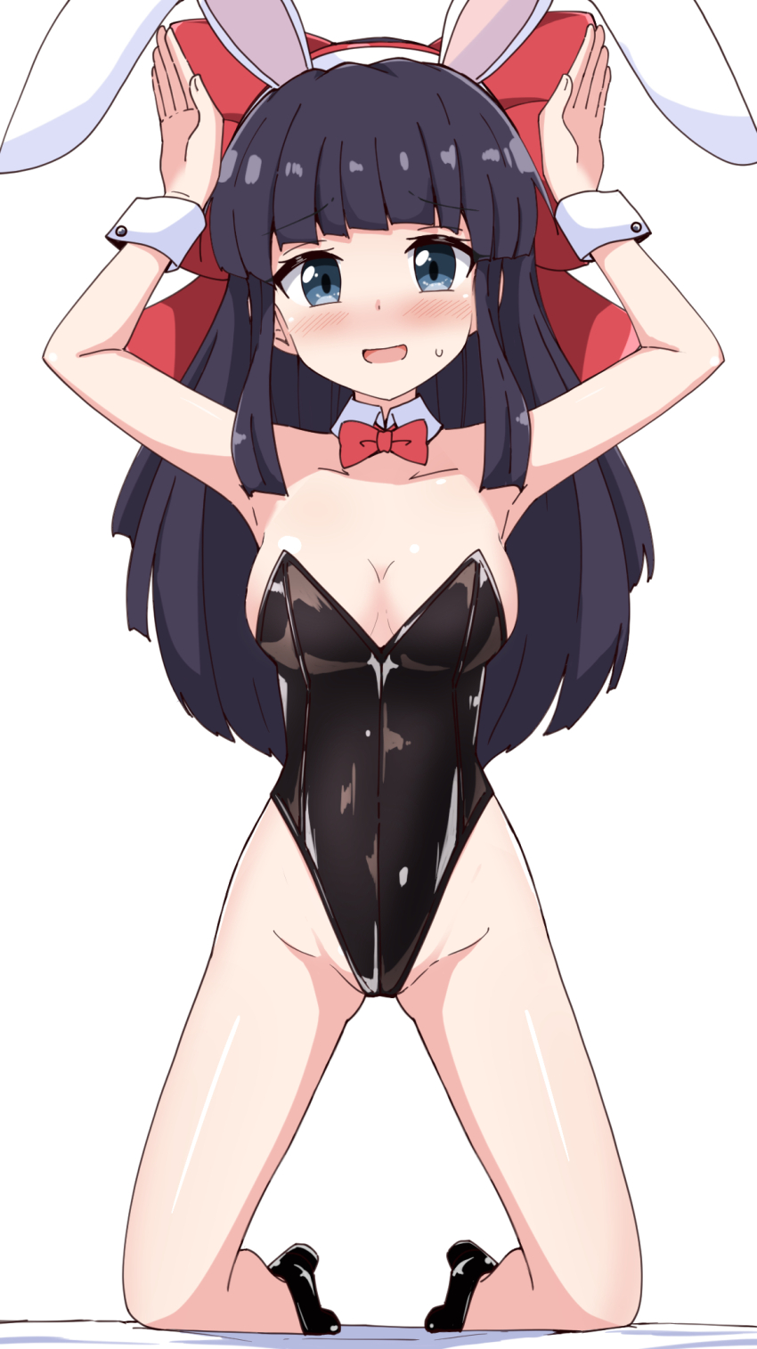 1girl :d aikawa_ryou animal_ears arms_up bare_shoulders barefoot bed_sheet black_hair black_leotard black_shoes blush bow bowtie breasts cleavage collar collarbone detached_collar fake_animal_ears full_body groin hair_bow hairband high_heels highres kneeling leotard long_hair looking_at_viewer medium_breasts nakoruru nervous_smile open_mouth rabbit_ears red_bow red_bowtie red_hairband samurai_spirits shoes simple_background smile solo strapless strapless_leotard sweat very_long_hair white_background white_collar white_hairband wing_collar wrist_cuffs