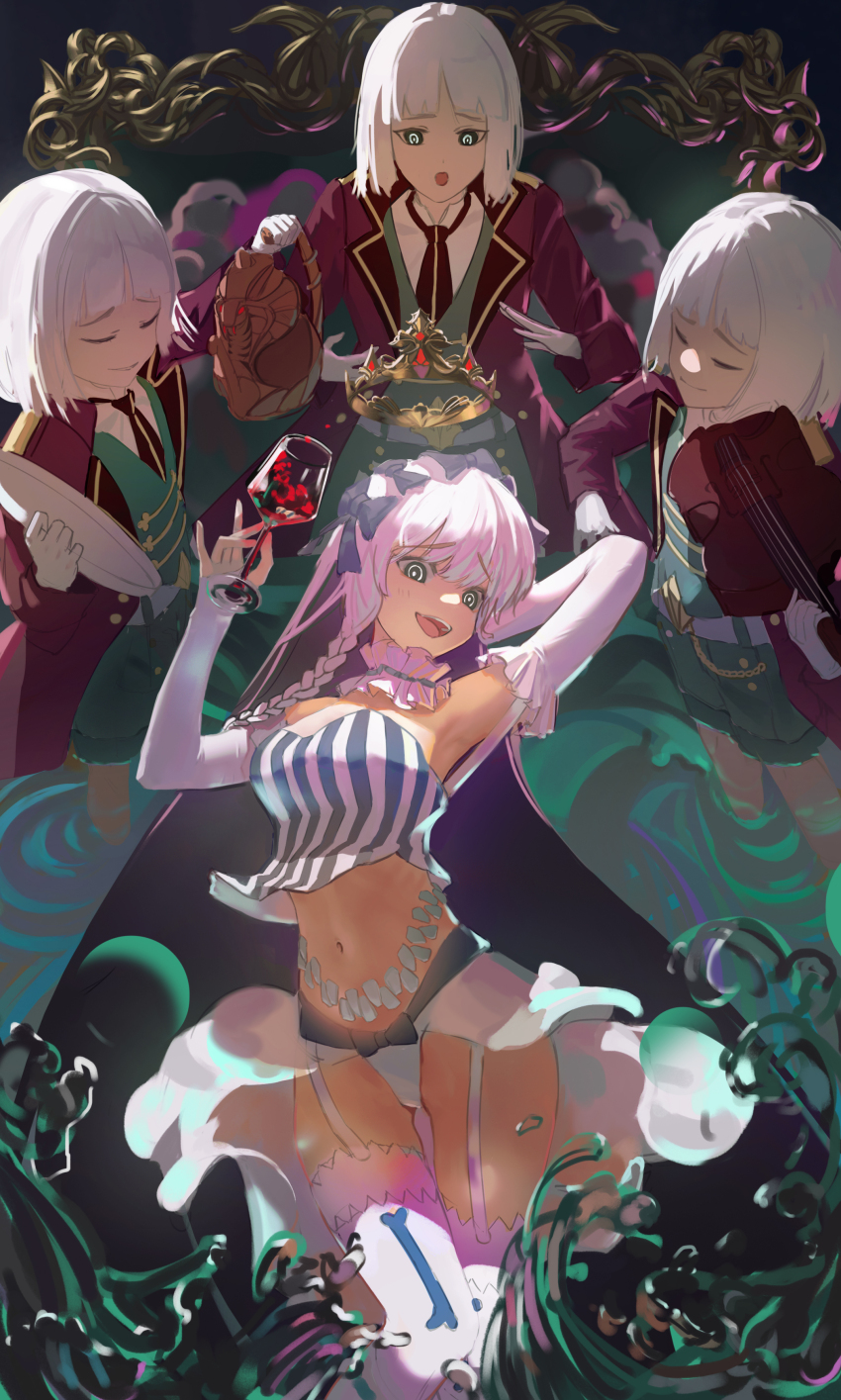 1girl 3boys absurdres alcohol armpits bare_shoulders black_bow black_coat black_eyes black_hair black_necktie black_shorts black_vest blush bob_cut bow braid breasts bright_pupils clone closed_eyes coat coattails collar colored_inner_hair crown cup dark_background detached_collar detached_sleeves dress drinking_glass fate/strange_fake fate_(series) francesca_prelati_(fate) francois_prelati_(fate) frilled_collar frilled_sleeves frills gloves hair_bow highres holding holding_cup holding_instrument holding_tray holding_violin instrument liquid long_hair looking_at_viewer medium_breasts multicolored_hair multiple_boys navel necktie open_mouth panties ringed_eyes sharp_teeth shirt short_hair shorts sleeves_past_wrists smile stomach striped_clothes striped_dress teeth thighhighs tongue tray underwear very_long_hair vest violin white_dress white_gloves white_hair white_panties white_shirt white_thighhighs wine wine_glass yue_zheng_zhi_yu
