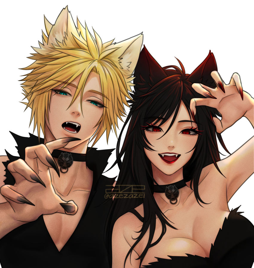 1boy 1girl absurdres animal_ear_fluff animal_ears azezazel bare_shoulders black_choker black_hair black_nails black_shirt blonde_hair blue_eyes breasts choker claw_pose claws cleavage cloud_strife collarbone commentary english_commentary fang fenrir_(final_fantasy) final_fantasy final_fantasy_vii final_fantasy_vii_advent_children fingernails hair_between_eyes halloween halloween_costume hand_up highres large_breasts long_fingernails long_hair looking_at_viewer open_mouth red_eyes red_lips red_nails shirt short_hair signature spiked_hair tifa_lockhart torn_clothes torn_shirt twitter_username upper_body white_background wolf_ears