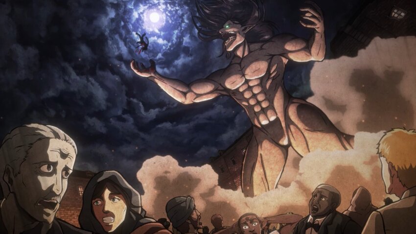 abs brown_hair cloud collarbone dark-skinned_male dark_skin eren_yeager highres light_particles medium_hair moon muscular night night_sky official_style outdoors pectorals rogue_titan shingeki_no_kyojin short_hair sky smoke thighs titan_(shingeki_no_kyojin) vibraanims wide_shot willy_tybur
