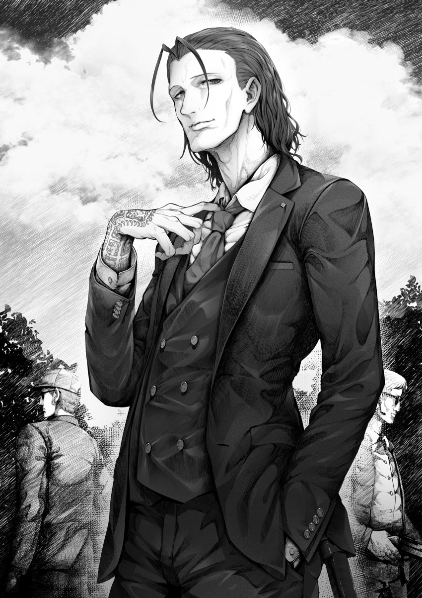 3boys antenna_hair buttoned_cuffs buttons cloud cowboy_shot formal_clothes greyscale gun hand_in_pocket highres holding holding_gun holding_weapon looking_at_viewer migiwa_youichirou monochrome multiple_boys necktie novel_illustration official_art outdoors shirakaba smile suit sunglasses tattoo tree urasekai_picnic vest waistcoat weapon