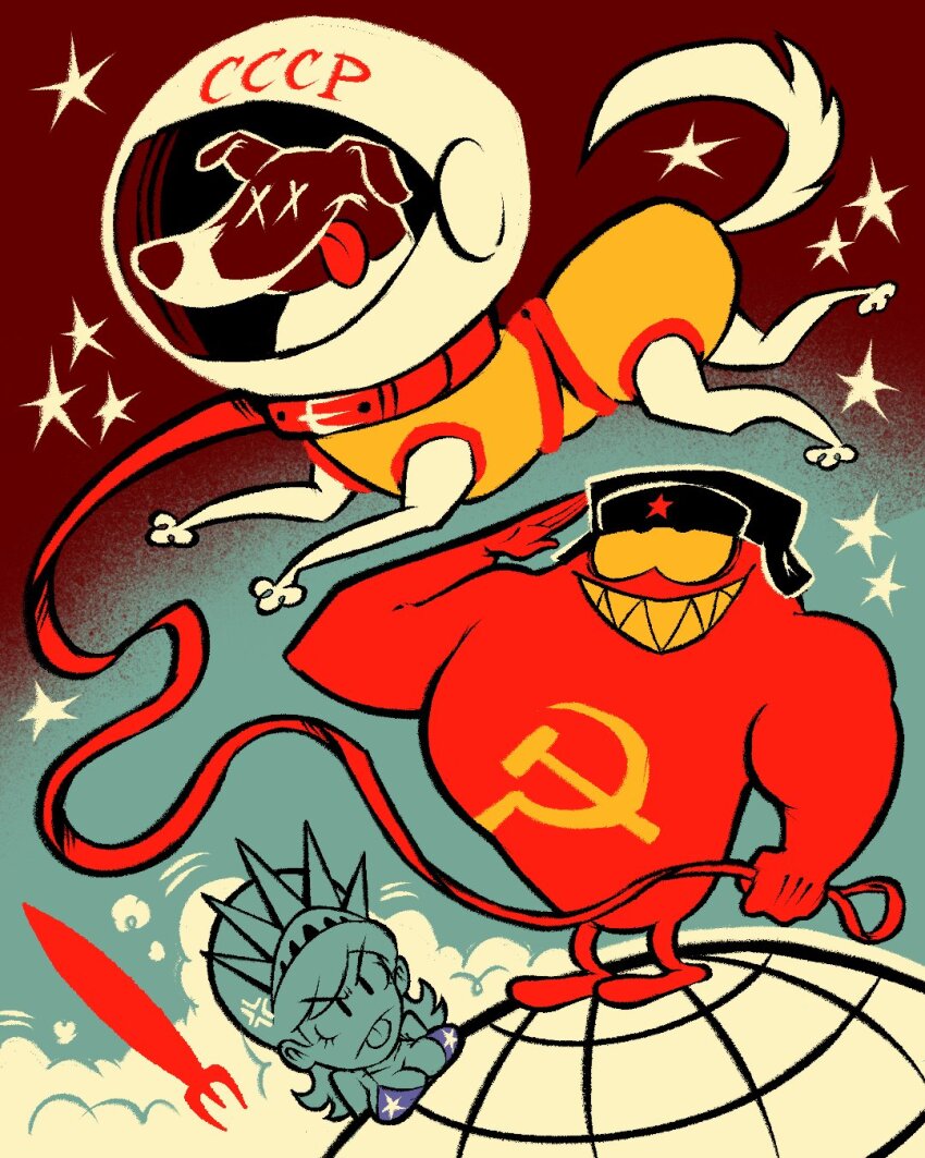 1boy 1girl :p anger_vein angry asymmetrical_bangs atomiksaico bikini black_eyes black_hat blue_bikini breast_rest breasts cloud cloudy_sky collar collarbone colored_sclera colored_teeth commentary dog english_commentary flipped_hair full_body globe hand_up hat helmet highres holding holding_leash laika_(dog) leash long_hair looking_up male_focus medium_breasts motion_lines print_bikini real_life red_collar rocket salute sharp_teeth sky soviet_flag space space_helmet standing star_(sky) star_(symbol) star_print star_print_bikini starry_sky statue_of_liberty swimsuit teeth tongue tongue_out upper_body ushanka v-shaped_eyebrows x_x yellow_sclera yellow_teeth