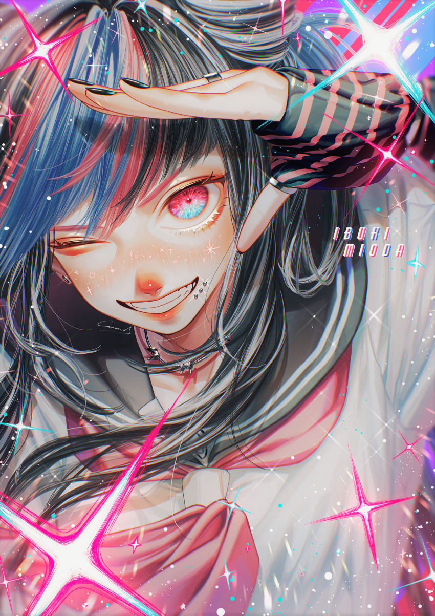 1girl absurdres black_hair black_nails black_sailor_collar blue_hair character_name commentary cone_hair_bun danganronpa_(series) danganronpa_2:_goodbye_despair ear_piercing eyelashes gloves grin hair_bun hair_horns highres jewelry long_hair looking_at_viewer mioda_ibuki mouth_piercing multicolored_hair nail_polish neckerchief one_eye_closed piercing pink_eyes pink_hair pink_lips pink_neckerchief portrait sailor_collar salute scene_fashion school_uniform serafuku shirt smile solo sparkle streaked_hair striped_clothes striped_gloves teeth triple_side_labret_piercing white_hair
