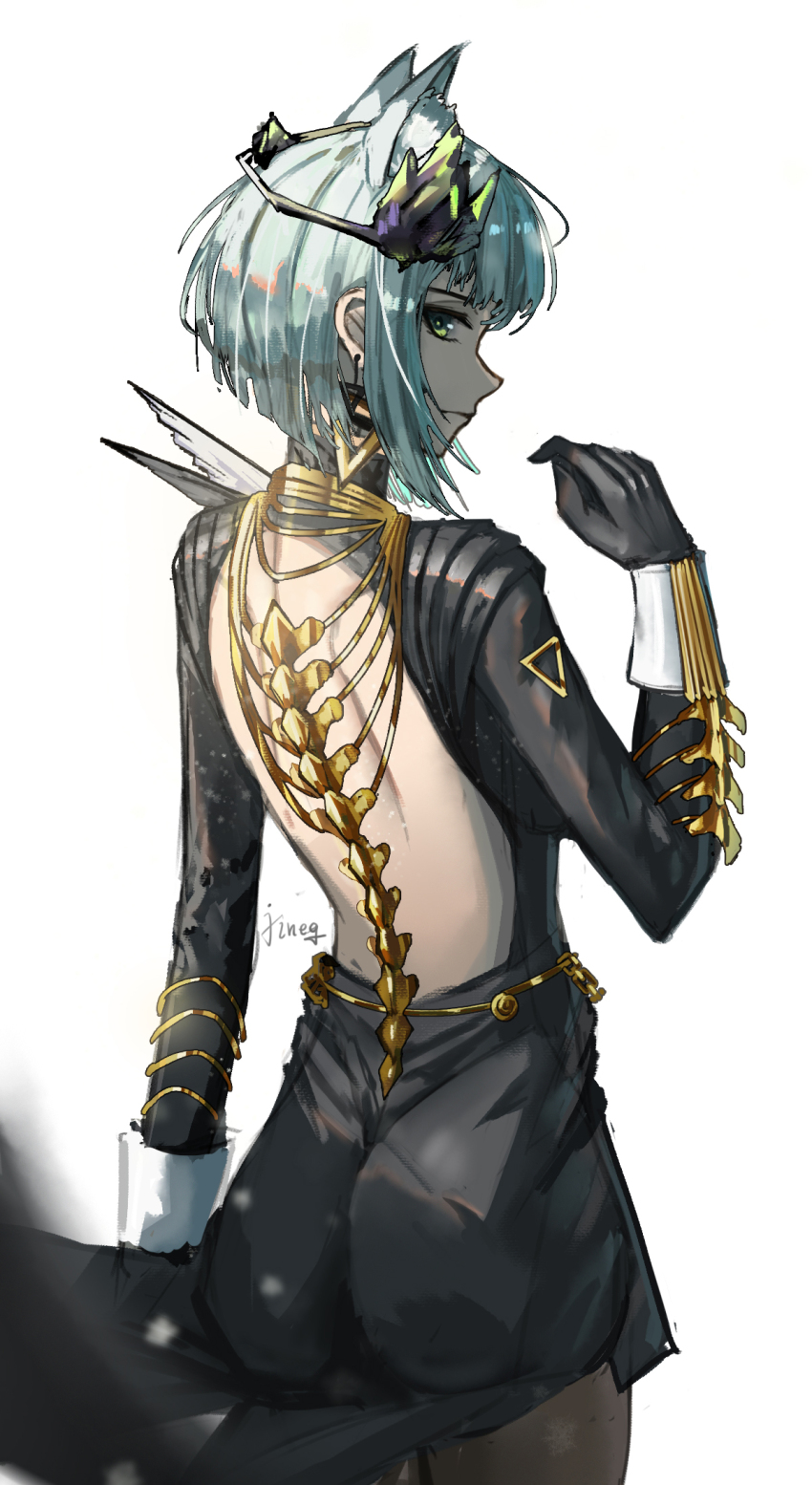 1girl animal_ear_fluff animal_ears arknights backless_dress backless_outfit bare_back black_dress black_gloves cat_ears closed_mouth dress earrings extra_ears from_back gloves gold green_eyes green_hair hair_ornament highres jewelry jineg kal&#039;tsit_(ambience_synesthesia)_(arknights) kal&#039;tsit_(arknights) long_sleeves looking_at_viewer looking_back short_hair solo
