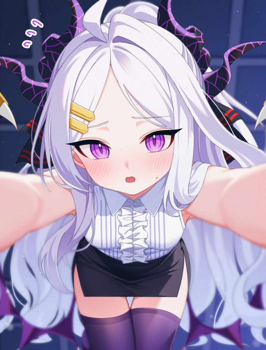 1girl ahoge belt black_belt blue_archive blush breasts demon_girl demon_horns demon_wings hair_ornament hairclip highres hina_(blue_archive) horns karaage_(xxxmido02) multiple_horns off_shoulder open_mouth parted_bangs purple_eyes shirt shy simple_background skirt slit_pupils small_breasts solo_focus white_hair white_shirt wings