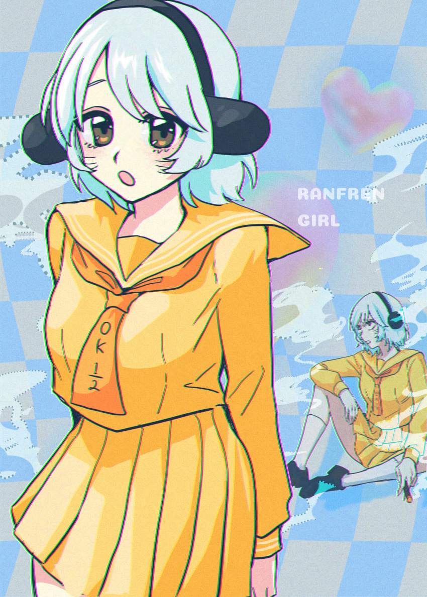 1girl absurdres animal_ears blue_background blue_hair brown_eyes checkered_background commentary_request fake_animal_ears genderswap genderswap_(mtf) harunoseki0414 highres looking_at_viewer marijuana multiple_views nyon_(randal&#039;s_friends) randal&#039;s_friends school_uniform serafuku short_hair skirt smoking yellow_serafuku