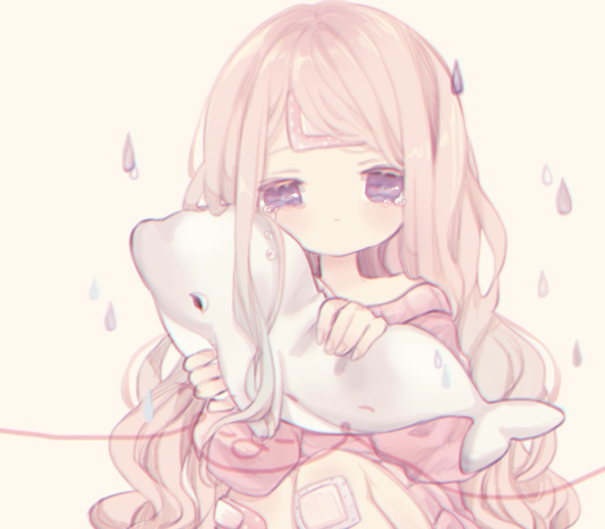 1girl bandaid bandaid_on_knee bandaid_on_leg coco_(hinatacoco) cold_pack commentary crying holding holding_stuffed_toy knees_up off_shoulder original purple_eyes solo stuffed_toy stuffed_whale sweater symbol-only_commentary tears uneven_eyes water_drop
