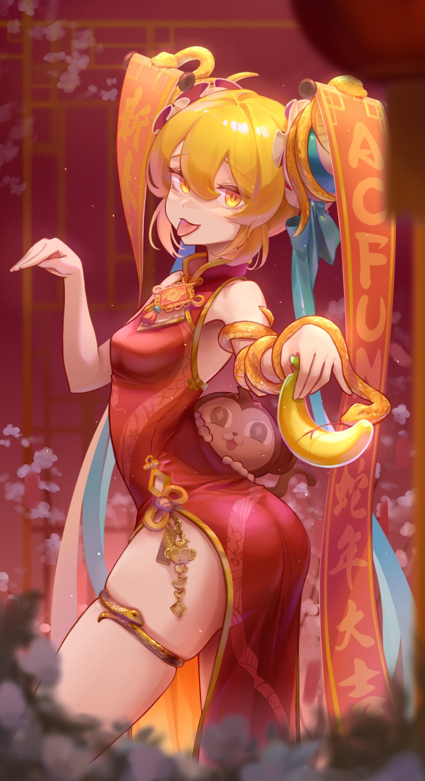 1girl :p acfun acfun_girl alicks_(pixiv_19241330) ass banana blonde_hair blurry blurry_background blurry_foreground breasts bun_cover china_dress chinese_clothes chinese_knot chinese_new_year cowboy_shot dress fai_chun floral_background flower food from_side fruit good_fortune_symbol hair_bun hair_ornament hands_on_another&#039;s_waist hands_up highres holding holding_food holding_fruit lantern lattice long_dress looking_at_viewer medium_breasts monkey paper_lantern pink_flower red_background red_dress short_hair sleeveless sleeveless_dress snake snake_wrapped_around_arm solo star_(symbol) star_hair_ornament thigh_strap tongue tongue_out yellow_eyes