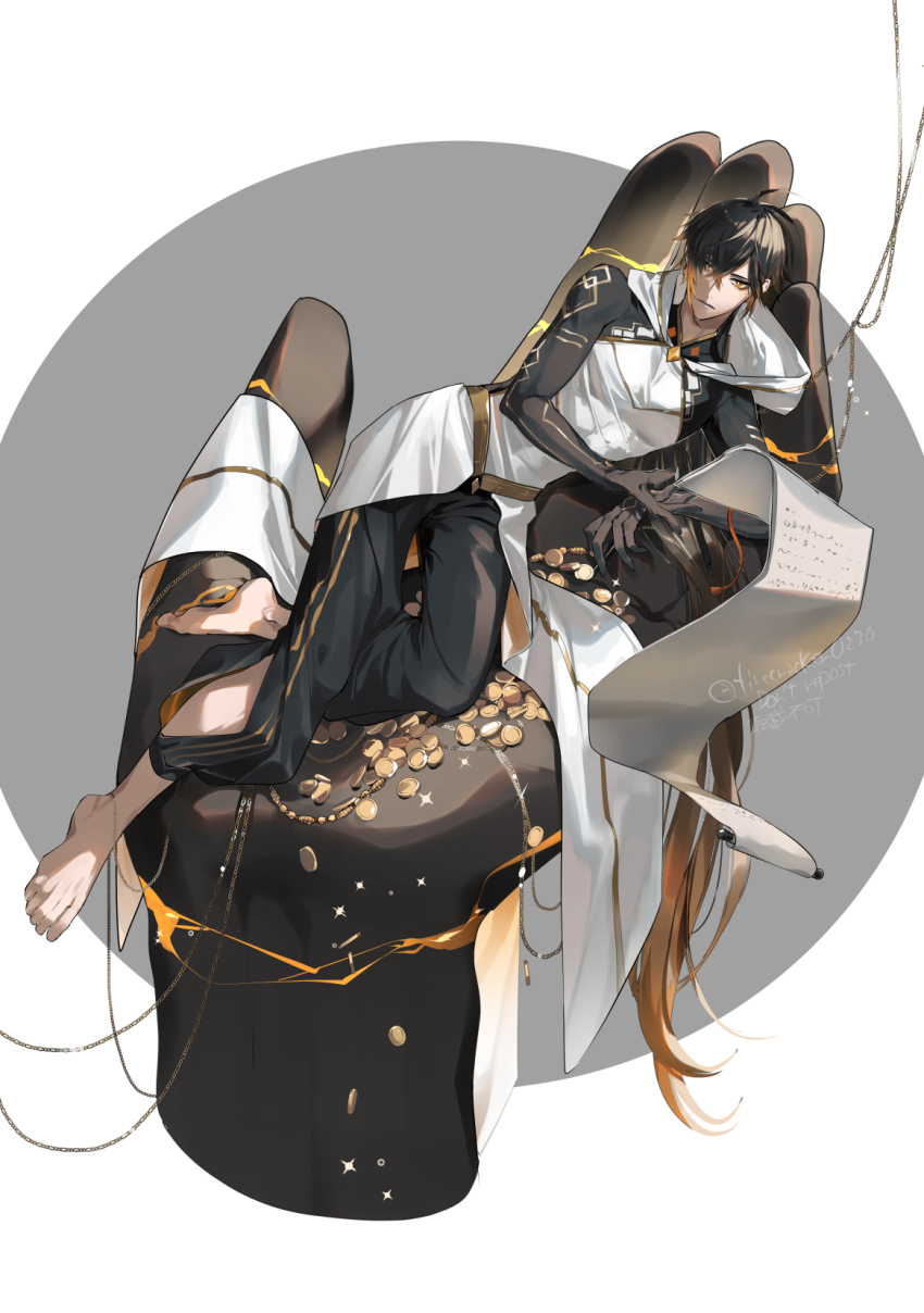 1boy antenna_hair artist_name barefoot black_pants brown_eyes brown_hair closed_mouth coat coin commentary_request crossed_bangs disembodied_hand eyeliner feet genshin_impact giant_hand gradient_hair grey_background hair_between_eyes highres hiiro_(coinxtossxdive) hood hood_down hooded_coat long_hair looking_at_viewer low_ponytail lying makeup male_focus mora_(genshin_impact) multicolored_hair official_alternate_costume on_side pants ponytail red_eyeliner scroll simple_background solo sparkle toes twitter_username two-tone_background very_long_hair white_background white_coat zhongli_(archon)_(genshin_impact) zhongli_(genshin_impact)