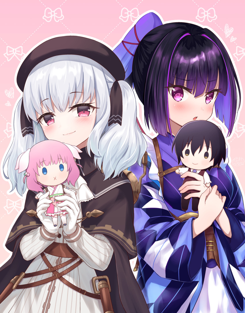 2girls x_mouth beret black_cloak black_hair blush breasts brown_headwear character_doll character_request cloak closed_mouth commentary_request doll dress gloves grey_hair hair_between_eyes haizakura_(prima_doll) hat highres holding holding_doll japanese_clothes karasuba_(prima_doll) kimono long_hair looking_at_viewer medium_breasts multicolored_hair multiple_girls nakamura_hinato outline parted_lips pink_background ponytail prima_doll_(anime) print_kimono purple_eyes purple_hair purple_kimono retzel_(prima_doll) simple_background smile streaked_hair touma_nagi_(prima_doll) twintails white_dress white_gloves white_outline yagasuri