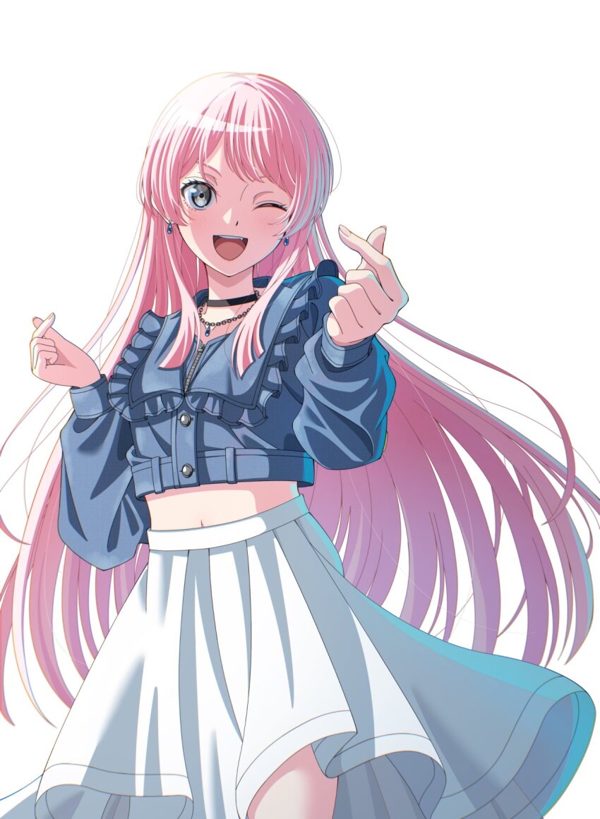 1girl bang_dream! bang_dream!_it&#039;s_mygo!!!!! black_choker blue_jacket chihaya_anon choker commentary_request cropped_jacket double_finger_heart earrings fang finger_heart grey_eyes hands_up highres jacket jewelry long_hair long_sleeves looking_at_viewer midriff necklace official_art one_eye_closed open_mouth pink_hair pleated_skirt simple_background skirt solo teeth upper_teeth_only white_background white_skirt yasou0049