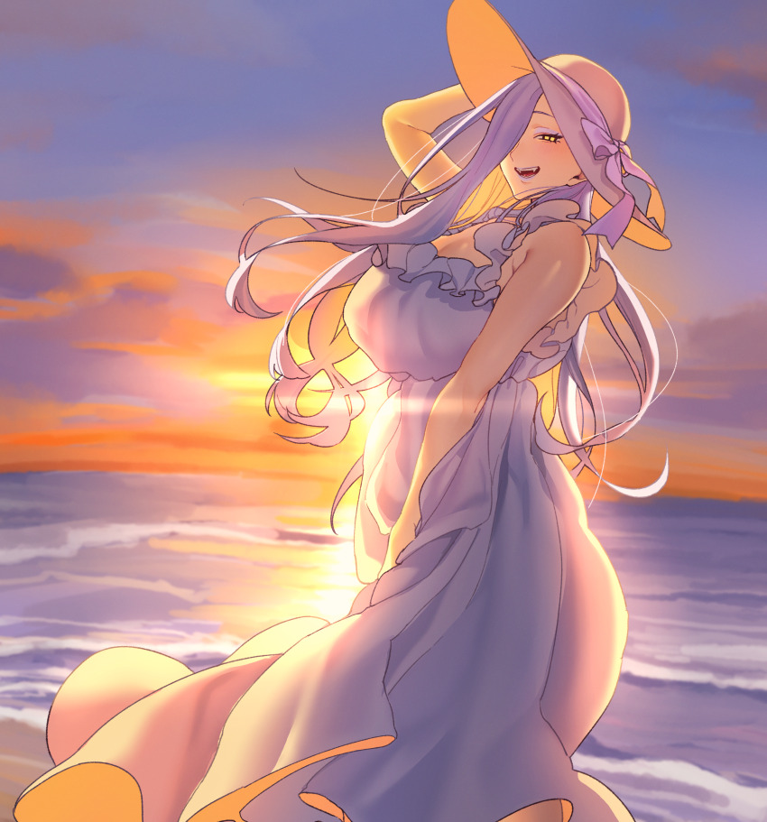 1girl absurdres backlighting bare_shoulders beach blue_lips blue_sky blush breasts cleavage commentary_request dress eyeliner fate/grand_order fate_(series) gradient_sky hair_over_one_eye hat highres hiyayaako large_breasts long_hair looking_at_viewer makeup mrs._snake_(fate) ocean orange_sky sky smile solo sun_hat sunset twilight white_dress white_hair yellow_eyes