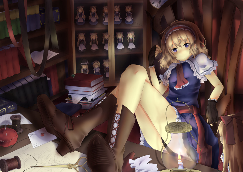 1girl alice_margatroid analog_clock ascot black_gloves blonde_hair blue_dress blue_eyes book book_stack bookshelf boots bow brown_boots cabinet candle capelet chair clock crossed_arms dress envelope feet_on_table fingerless_gloves frilled_hairband frills gensou_aporo gloves hair_bow hairband hand_up highres lantern needle on_chair paper pincushion red_ascot red_bow red_hairband red_ribbon ribbon scissors sewing_needle shanghai_doll short_hair short_sleeves sitting socks solo spool table thighs thread waist_ribbon white_capelet white_socks