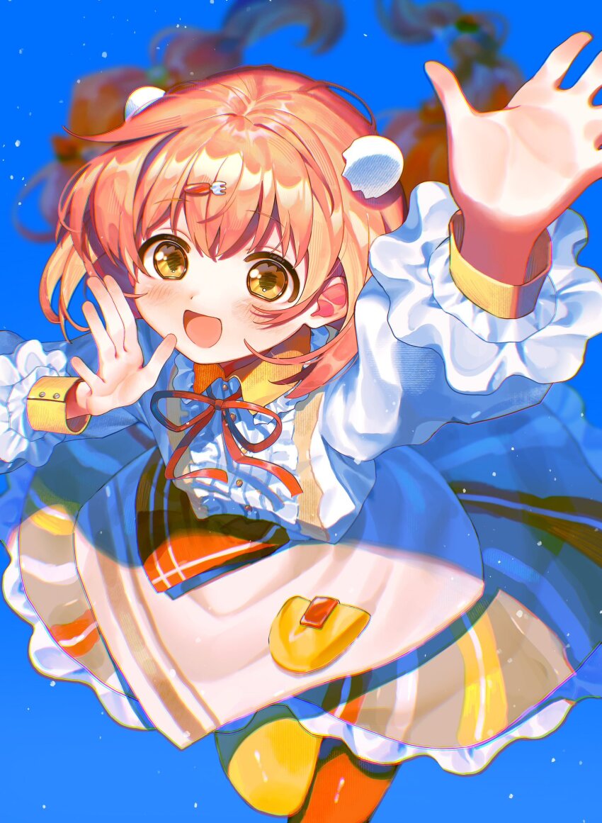 1girl :d aile_u_u_zzz apron arm_up asymmetrical_legwear blue_background blurry blurry_background braid brown_skirt center_frills collared_shirt dress_shirt egg_hair_ornament food-themed_hair_ornament fork_hair_ornament frills hair_ornament highres kirara_tamako long_hair long_sleeves mismatched_legwear neck_ribbon nijisanji open_mouth orange_hair pantyhose red_ribbon ribbon shirt simple_background skirt smile solo striped_clothes striped_skirt twin_braids virtual_youtuber waist_apron white_shirt yellow_eyes