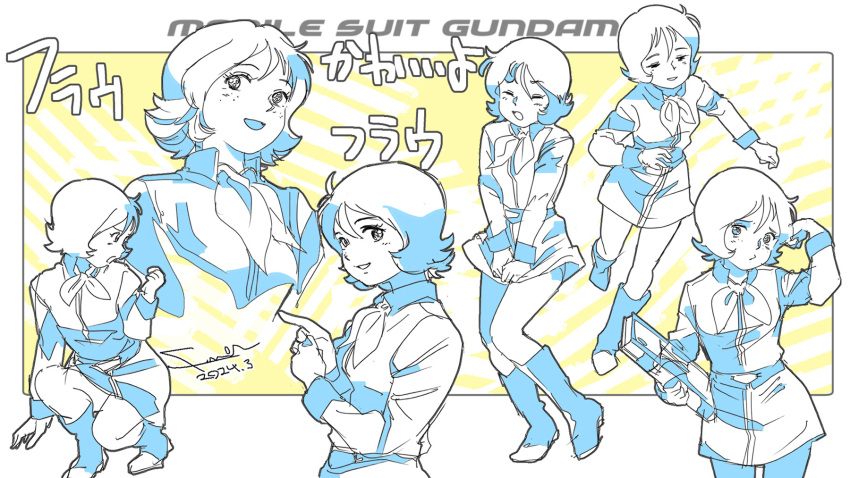 boots copyright_name female_focus fraw_bow freckles fumia gundam highres military_uniform mobile_suit_gundam solo