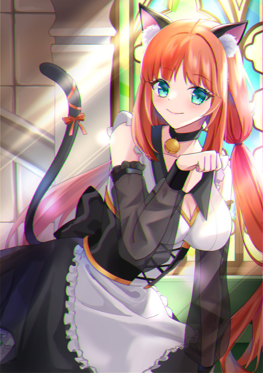 1girl animal_ear_fluff animal_ears apron aqua_eyes bell black_choker black_collar black_dress black_sleeves black_tail blush breasts cat_ears cat_tail choker closed_mouth collar dress genshin_impact highres long_hair looking_at_viewer maid maid_apron marufus medium_breasts neck_bell nilou_(genshin_impact) red_hair smile tail very_long_hair