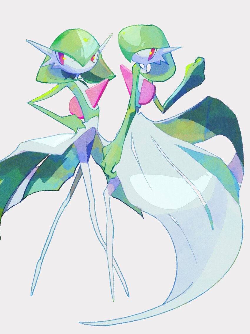 bob_cut colored_skin dress gardevoir gen_3_pokemon green_hair green_skin grey_background hand_on_own_hip highres multicolored_skin mxlaghrsuk33yws nintendo no_feet pink_eyes pokemon pokemon_(creature) simple_background two-tone_skin white_dress white_skin