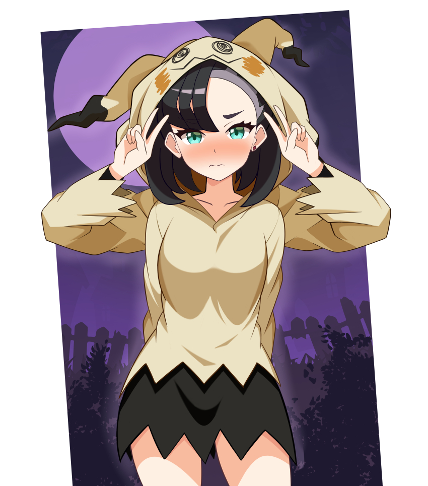 2girls absurdres arms_behind_back asymmetrical_bangs behind_another black_hair blue_komett blush breasts cosplay cowboy_shot double_v earrings gen_7_pokemon gloria_(pokemon) halloween halloween_costume highres hood hood_up hoodie jewelry marnie_(pokemon) medium_breasts mimikyu mimikyu_(cosplay) miniskirt multiple_girls nintendo pokemon pokemon_swsh single_earring skirt solo_focus twintails undercut v v-shaped_eyebrows