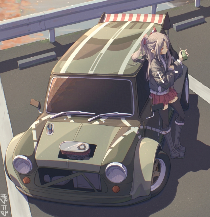 1girl alternate_costume baronilu black_jacket black_thighhighs brown_eyes brown_hair car hachimaki hakama hakama_short_skirt hakama_skirt headband high_ponytail highres jacket japanese_clothes kantai_collection long_hair long_sleeves mini_cooper motor_vehicle outdoors ponytail red_hakama skirt solo standing thighhighs zuihou_(kancolle)