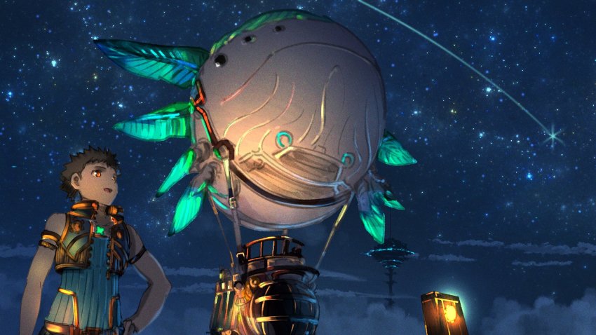 1boy bad_id bad_twitter_id brown_hair highres night night_sky outdoors poteto_(potetosarada123) rex_(xenoblade) shooting_star short_hair sky sleeveless star_(sky) starry_sky tree xenoblade_chronicles_(series) xenoblade_chronicles_2 yggdrasil