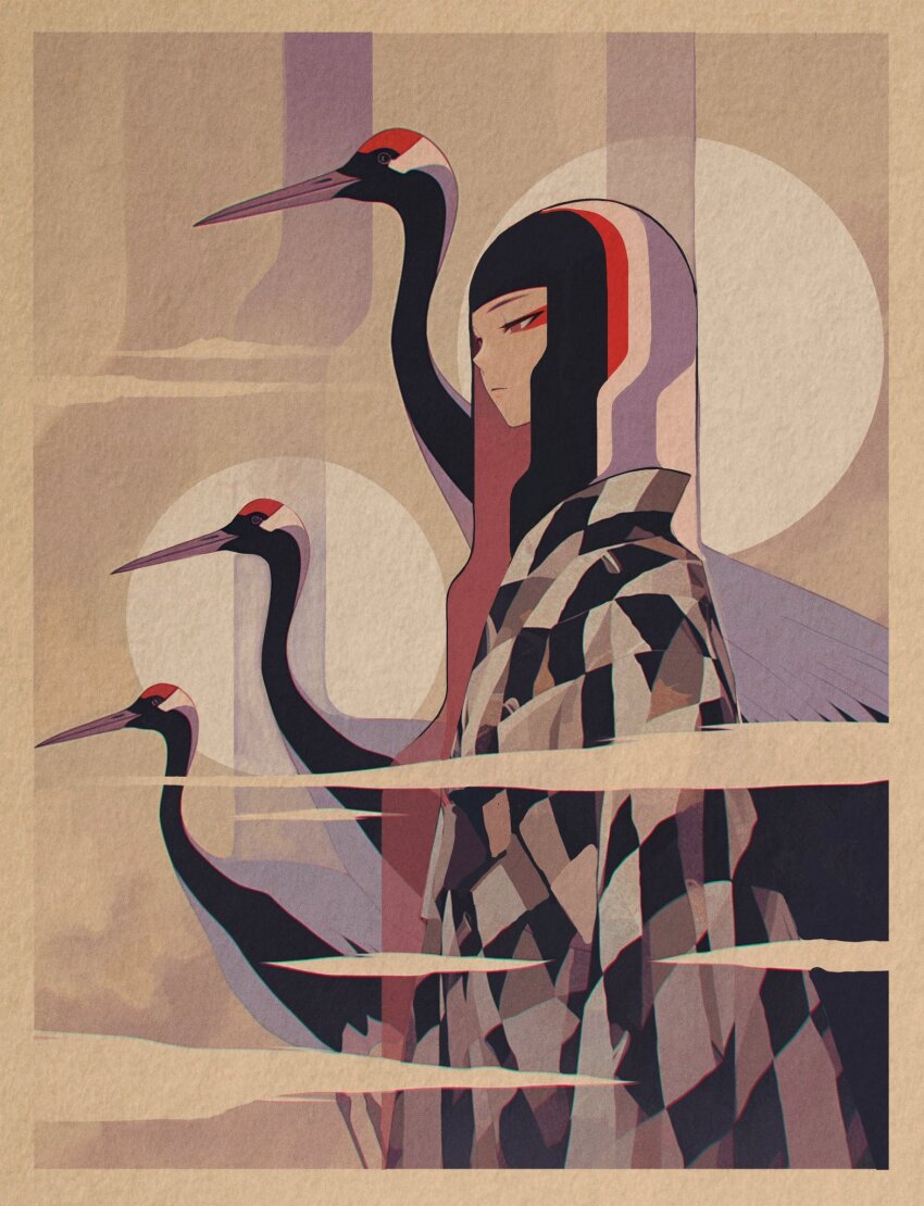 1girl animal beak bird black_hair border brown_eyes closed_mouth colored_inner_hair commentary dhjs_0010 english_commentary faux_traditional_media from_side half-closed_eyes heron highres japanese_clothes kimono long_hair makeup multicolored_hair multicolored_kimono original paper_texture profile red_hair solo very_long_hair