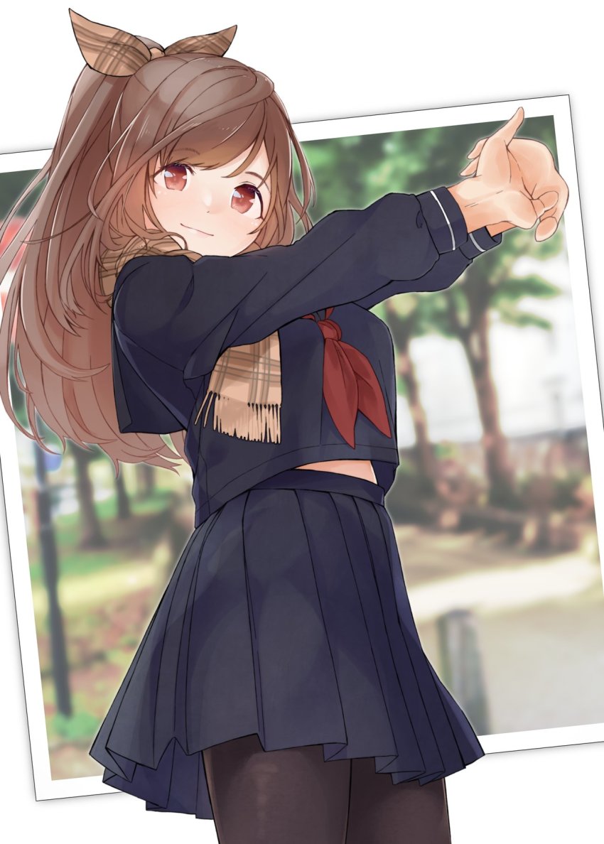 1girl :3 beige_bow beige_scarf black_pantyhose blue_serafuku blue_shirt blue_skirt bow brown_hair commentary_request female_focus hair_bow highres idolmaster idolmaster_shiny_colors long_hair long_sleeves looking_at_viewer pantyhose pekoni_(peconi) plaid_bow plaid_clothes plaid_scarf ponytail red_eyes scarf school_uniform serafuku shirt shirt_overhang skirt solo standing stretching tsukioka_kogane
