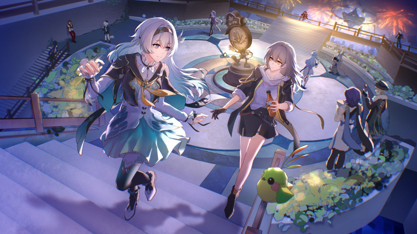 5boys 6+girls absurdres acheron_(honkai:_star_rail) aerial_fireworks aventurine_(honkai:_star_rail) black_coat black_gloves black_hair black_hairband black_hat black_skirt black_swan_(honkai:_star_rail) blonde_hair blue_hair bottle breasts clockie_(honkai:_star_rail) coat collared_shirt cropped_jacket dr._ratio_(honkai:_star_rail) firefly_(honkai:_star_rail) fireworks frilled_sleeves frills full_body gallagher_(honkai:_star_rail) gloves green_skirt green_thighhighs grey_hair hair_between_eyes hair_ornament hairband hat heixhzwoshinidie highres holding holding_bottle honkai:_star_rail honkai_(series) long_hair long_sleeves medium_breasts misha_(honkai:_star_rail) multicolored_eyes multiple_boys multiple_girls neckerchief night orange_neckerchief origami_bird_(honkai:_star_rail) outdoors partially_fingerless_gloves purple_hair robin_(honkai:_star_rail) shirt skirt smile soulglad sparkle_(honkai:_star_rail) stelle_(honkai:_star_rail) sunday_(honkai:_star_rail) taking_picture thighhighs trailblazer_(honkai:_star_rail) two-tone_eyes white_shirt yellow_eyes