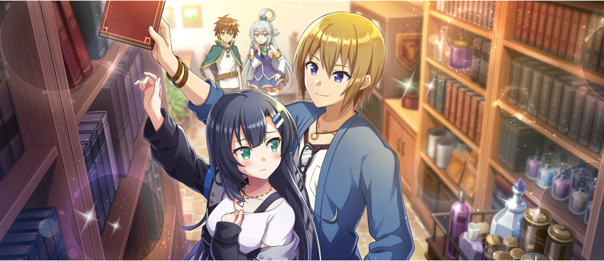 2boys 2girls aqua_(konosuba) arm_up belt black_hair black_jacket blue_eyes blue_hair blue_jacket blue_shirt blue_skirt blush book bookshelf bow bowtie bracelet breasts brown_belt brown_hair cape closed_mouth collar collarbone detached_sleeves eyewear_hang from_above furrowed_brow game_cg green_bow green_bowtie green_cape green_eyes hair_between_eyes hair_ornament hair_rings hairclip hand_on_own_chest highres holding holding_book indoors jacket jacket_partially_removed jewelry jitome kono_subarashii_sekai_ni_shukufuku_wo! konosuba!_fantastic_days lia_(konosuba) light_smile long_hair looking_at_another looking_back medium_breasts miniskirt mitsurugi_kyouya multiple_boys multiple_girls necklace official_alternate_costume official_art open_clothes open_jacket parted_bangs ring ring_necklace satou_kazuma shirt short_hair single_hair_ring skirt sleeveless sleeveless_shirt standing sweatdrop t-shirt unworn_eyewear white_collar white_shirt white_sleeves