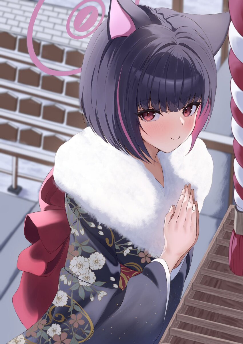 1girl alternate_costume animal_ears back_bow black_hair black_kimono blue_archive blunt_bangs blush bob_cut bow c: cat_ears cat_girl closed_mouth colored_inner_hair commentary_request cowboy_shot eyelashes floral_print floral_print_kimono fur-trimmed_kimono fur_trim furisode halo hands_up hatsumoude highres japanese_clothes jassie26667765 kazusa_(blue_archive) kimono looking_at_viewer medium_hair multicolored_hair new_year outdoors own_hands_clasped own_hands_together pink_hair pink_halo pov print_kimono red_bow red_eyes shrine smile solo split_mouth streaked_hair