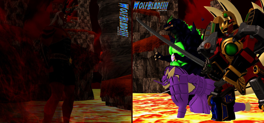 1girl 3d advance_communication_company aura blue_eyes blush cape claws colored_skin dairen&#039;oh dc_comics destruction epic extra_eyes female_focus giant giant_monster godzilla godzilla_(series) gosei_sentai_dairanger green_skin grey_skin highres holding holding_sword holding_weapon horns kaiju kurama_(naruto) leotard long_sleeves mecha monster multiple_tails muscular naruto_(series) naruto_shippuuden power_rangers purple_hair purple_skin raven_(dc) red_eyes red_skin robot short_hair solo super_godzilla super_godzilla_(character) super_sentai susanoo_(naruto) sword tail teen_titans thunder_megazord thunderzords toho trigon tusks weapon wolfblade111 yellow_eyes zord