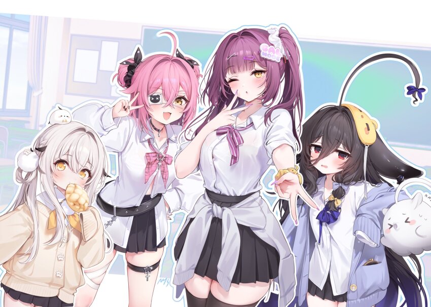 4girls ;o ahoge alternate_costume azur_lane belt black_hair black_skirt black_thighhighs blue_cardigan blush bow bowtie bread breasts cardigan cardigan_around_waist character_request classroom cleavage clothes_around_waist commentary devonshire_(azur_lane) double_bun eyepatch fei_yuen_(azur_lane) fingernails food grey_cardigan gyaru hair_between_eyes hair_bun hair_ribbon highres huge_ahoge indoors kogal long_hair_between_eyes long_sleeves looking_at_viewer loose_belt loose_bowtie manjuu_(azur_lane) mask mask_on_head melon_bread multiple_girls nail_polish nys one_eye_closed one_side_up open_collar outline pink_bow pink_bowtie pink_hair pleated_skirt purple_hair ribbon school_uniform shirt skirt sleep_mask sleeves_past_fingers sleeves_past_wrists symbol-only_commentary thighhighs w white_hair white_outline white_shirt whydah_(azur_lane) yellow_cardigan z47_(azur_lane)