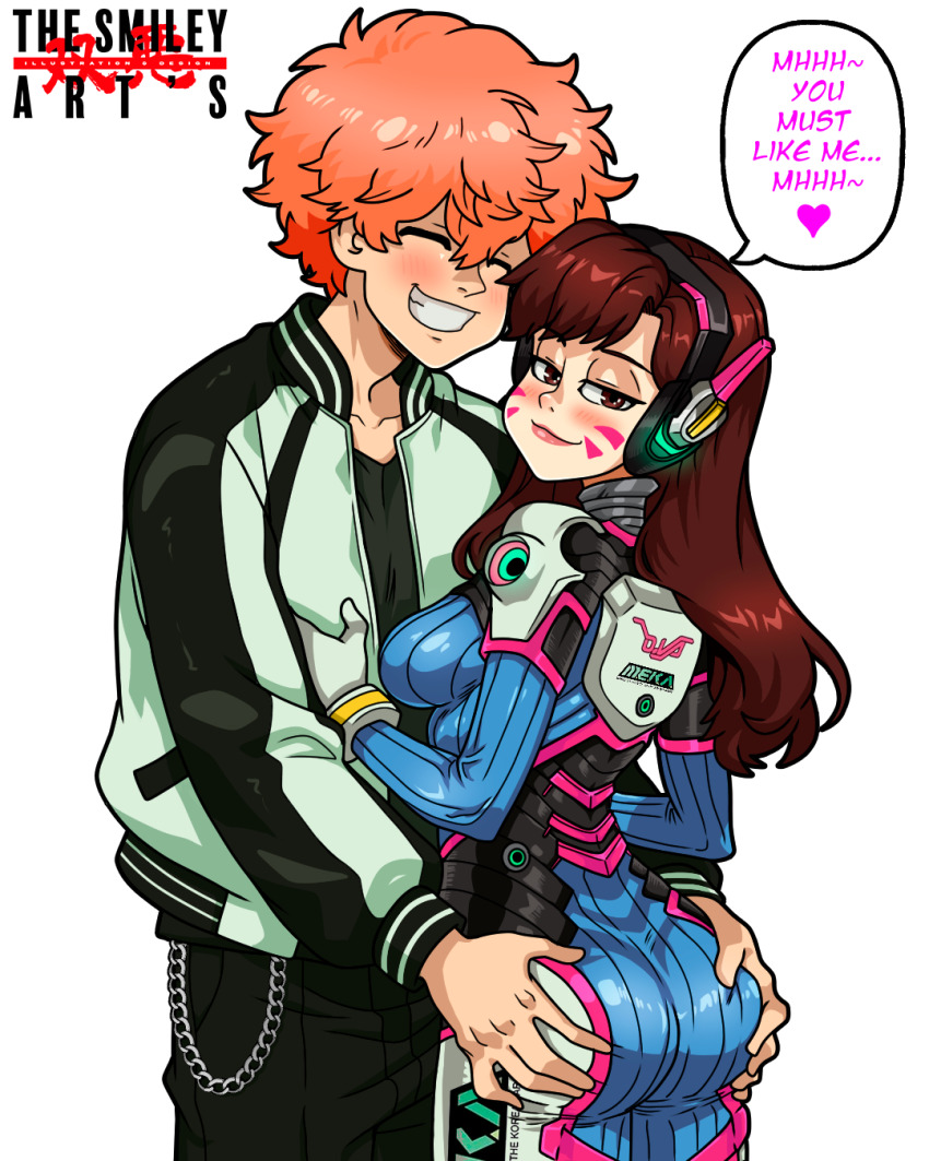 1boy 1girl artist_logo artist_name ass blush bodysuit brown_eyes brown_hair commission crossover d.va_(overwatch) english_text facepaint gloves grabbing_another&#039;s_ass groping headphones highres hug jacket kawata_nahoya logo looking_down orange_hair overwatch smile speech_bubble sukajan the_smiley_arts tokyo_revengers