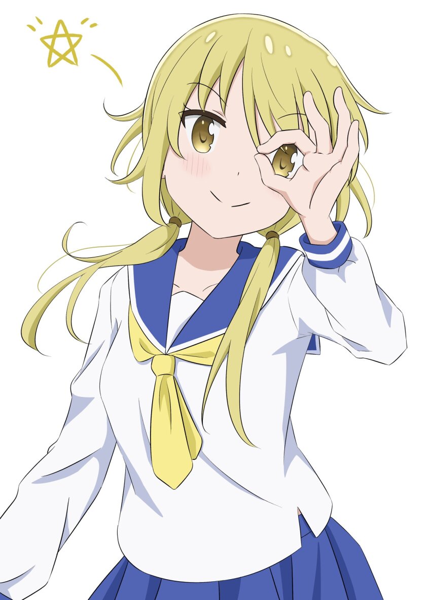 1girl blonde_hair blue_sailor_collar blue_skirt blush closed_mouth collarbone dot_nose facing_viewer feet_out_of_frame female_focus highres ichii_yui long_sleeves looking_at_viewer qb_(qb46311027) sailor_collar school_uniform serafuku shirt simple_background skirt smile solo standing star_(symbol) white_background white_shirt yellow_eyes yuyushiki yuyushiki&#039;s_school_uniform