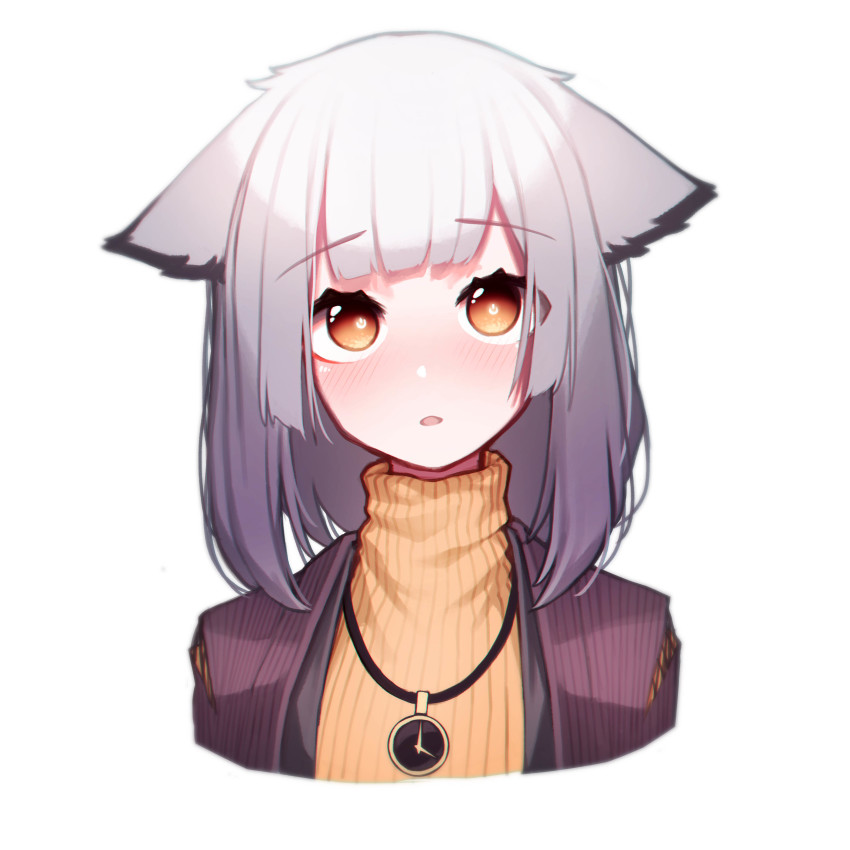 1girl absurdres arknights beudelb eyes_visible_through_hair highres jacket long_hair looking_at_viewer official_alternate_costume open_mouth orange_eyes orange_sweater owl_ears owl_girl ptilopsis_(arknights) ptilopsis_(serenity)_(arknights) purple_jacket simple_background solo sweater symbol-shaped_pupils white_background white_hair