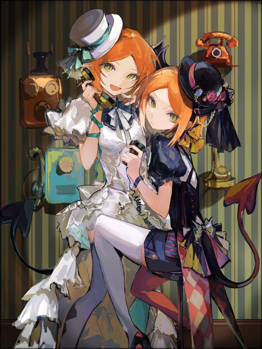 2boys 2wink_(ensemble_stars!) :d absurdres antique_phone aoi_hinata aoi_yuta asymmetrical_legwear bishounen black_shorts bow bowl bowl_hat bracelet cable criss-cross_straps demon_horns demon_tail dress ensemble_stars! expressionless face-to-face frilled_dress frilled_sleeves frills green_eyes hat hat_bow hat_chain hat_ribbon high-low_dress high_heels highres holding holding_phone horns idol jewelry looking_back male_focus merumerunu39 mismatched_legwear multiple_boys neck_ribbon open_mouth orange_hair parted_bangs phone phone_on_wall puffy_short_sleeves puffy_sleeves pumps red_thighhighs ribbon short_hair short_sleeves shorts siblings sitting smile strap striped_wall tail tail_bow tail_ornament tailcoat thighhighs top_hat twins white_dress white_thighhighs