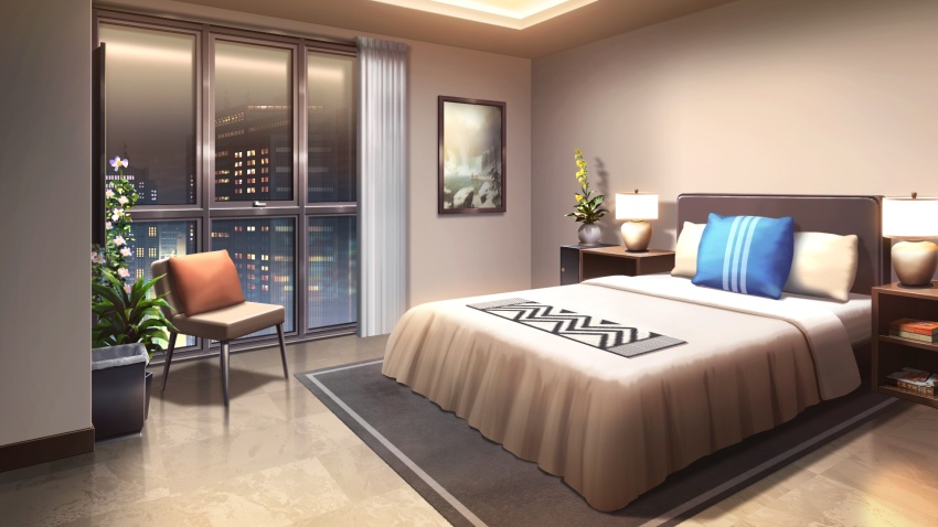 apartment bed bedroom blanket book chair city_lights cityscape curtains desk_lamp highres indoors lamp night non-web_source official_art our_life our_life:_beginnings_and_always photo_(object) pillow plant potted_plant rug tile_floor tiles variant_set window_light
