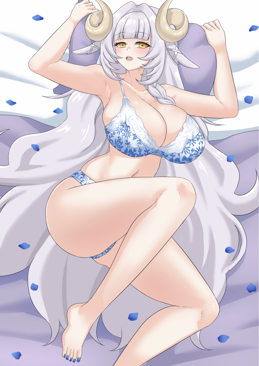 1girl :o animal_ears bed_sheet blue_nails blue_petals blunt_bangs blush bra breasts collarbone commentary english_commentary esila_shephield floral_print flower_bra hair_intakes highres horns huge_breasts long_hair matching_underwear nail_polish nexas_(vtuber) open_mouth panties petals pillow print_bra print_panties puffywaffles purple_hair sheep_ears sheep_girl sheep_horns solo teeth toenail_polish toenails tongue underwear very_long_hair virtual_youtuber white_panties yellow_eyes