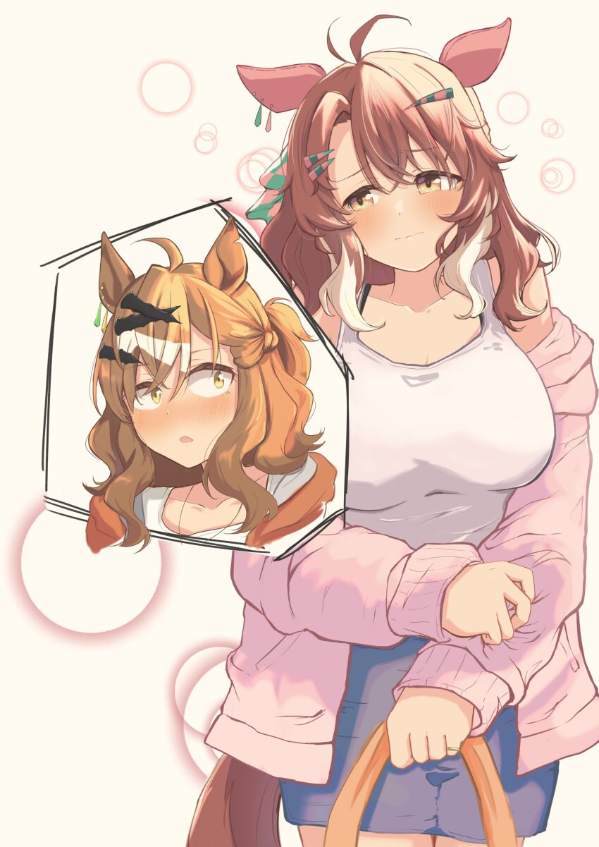2girls :o absurdres ahoge animal_ears averting_eyes bag blue_skirt blurry blush bokeh bra_strap braid breasts brown_hair brown_tail casual checkered_ribbon closed_mouth collarbone commentary_request cowboy_shot cropped_torso crossed_bangs dantsu_flame_(umamusume) dating depth_of_field ear_covers flustered furrowed_brow hair_between_eyes hair_ornament half_up_half_down_braid head_tilt highres holding holding_bag holding_own_arm horse_ears horse_girl horse_tail inset jacket jungle_pocket_(umamusume) kichi_tik large_breasts long_hair looking_at_another medium_hair multicolored_hair multiple_girls nervous notched_ear off_shoulder open_clothes open_jacket pink_jacket portrait shirt skirt standing surprised tail tank_top two-tone_hair umamusume wavy_hair wavy_mouth white_hair white_shirt white_tank_top wide-eyed yellow_eyes yuri