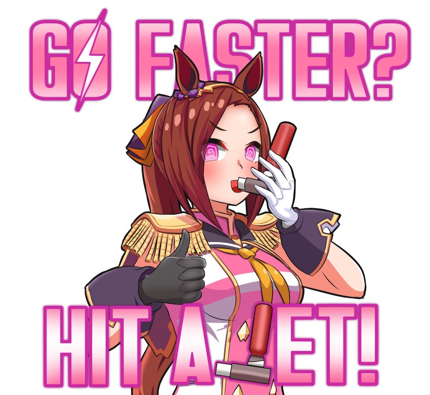 1girl :d @_@ absurdres animal_ears asymmetrical_gloves black_gloves brown_hair english_text fallout gloves hairband hashtag-only_commentary highres horse_ears horse_girl inhaler jacket jet_(drug) katyusha.v long_hair looking_at_viewer mismatched_gloves neckerchief open_mouth pink_jacket ponytail sakura_bakushin_o_(umamusume) simple_background sleeveless sleeveless_jacket smile solo thumbs_up umamusume upper_body white_background white_gloves white_jacket yellow_neckerchief